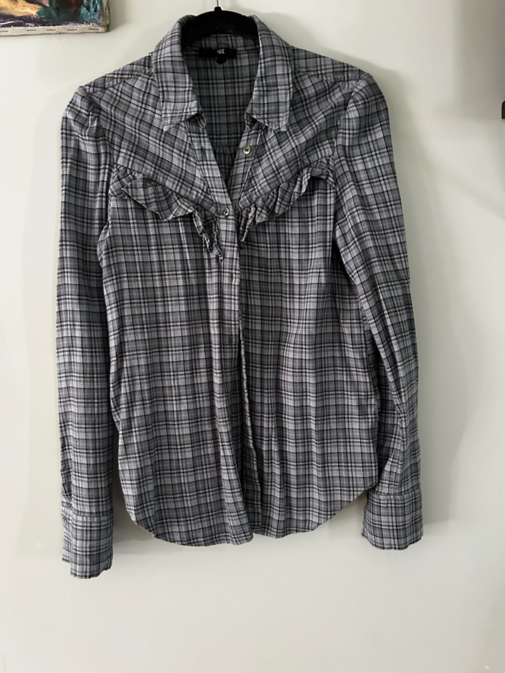 PAIGE Gray Plaid Ruffle-Trim Button-Down Shirt